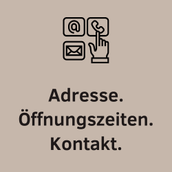 Icons zu den Kontaktmöglichkeiten, Adresse, Öffnungszeiten