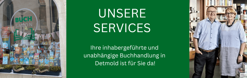 Hier werden die Services der Buchhandlung vorgestellt, außerdem sieht man ein Foto eines dekorierten Schaufensters und des Inhaber-Ehepaars